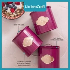KitchenCraft Set Of 3 Burgundy Airtight Tea, Coffee And Sugar Canisters -Kitchen Supplies 30957817 alt02